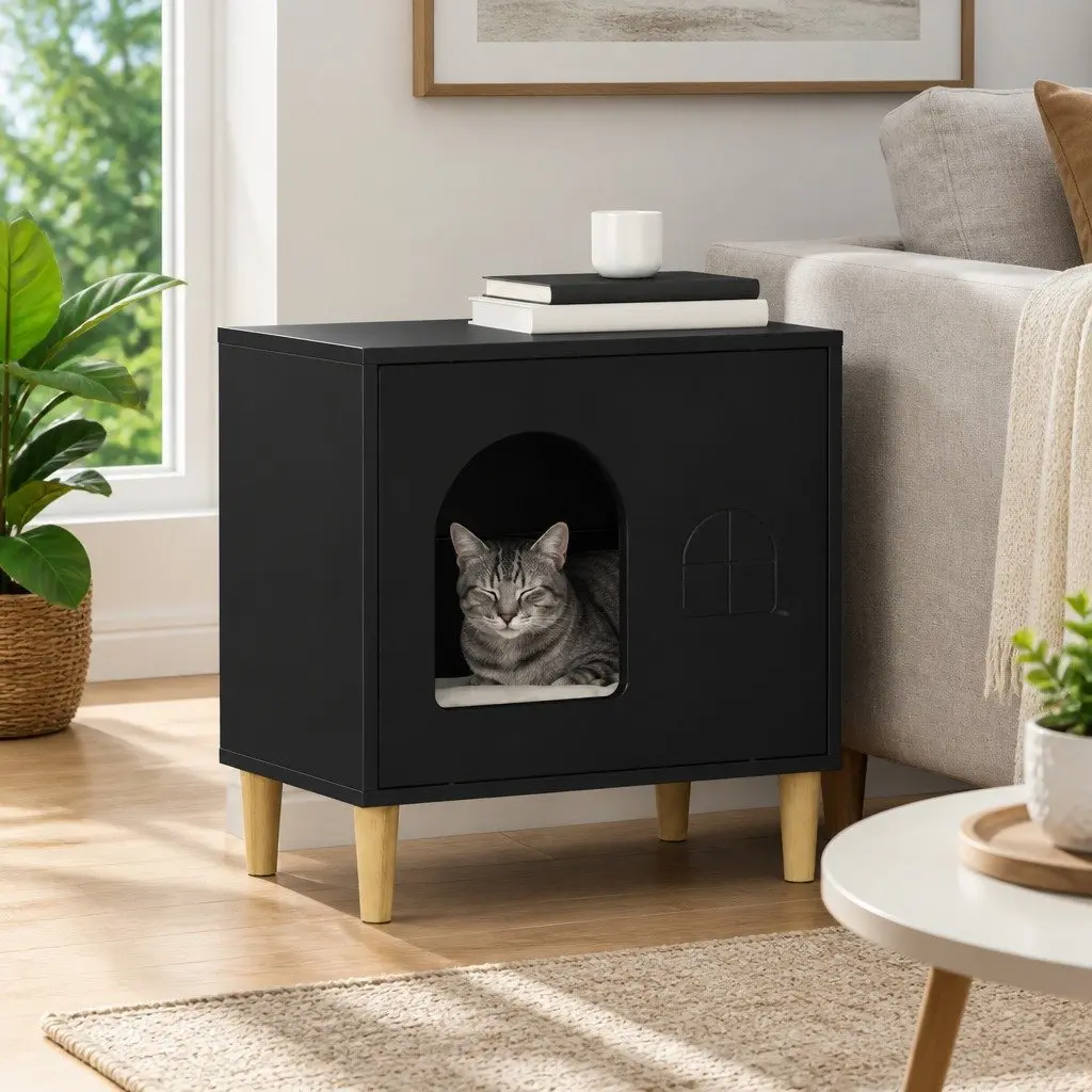 Cat House Black Modern Indoor Pet Furniture Engineered Wood 51 x 30 x 52 cm