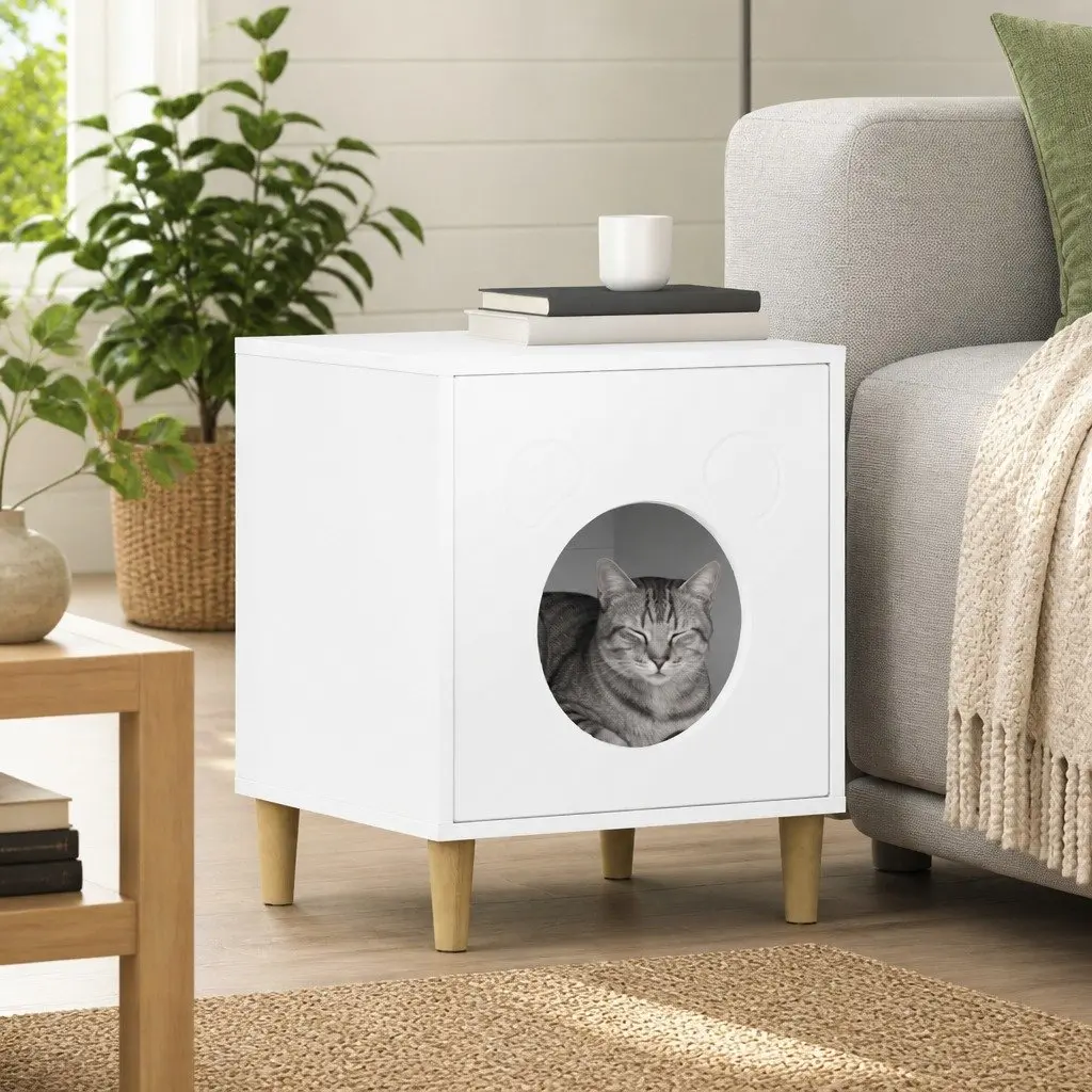 Cat House Indoor Modern Rectangular Engineered Wood Pet Furniture White