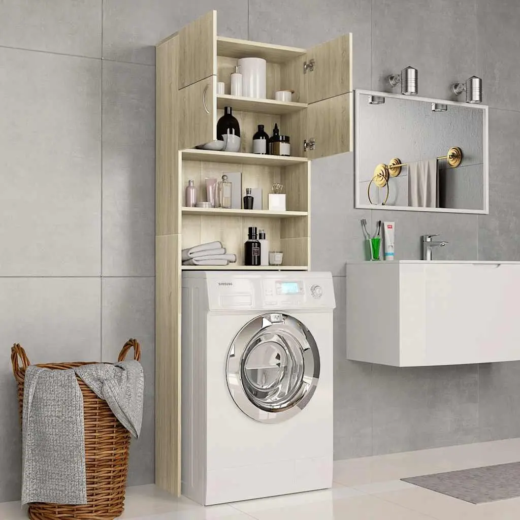 Washing Machine Cabinet Storage Cupboard Bathroom Organizer 64W x 25.5D x 190H cm Sonoma Oak