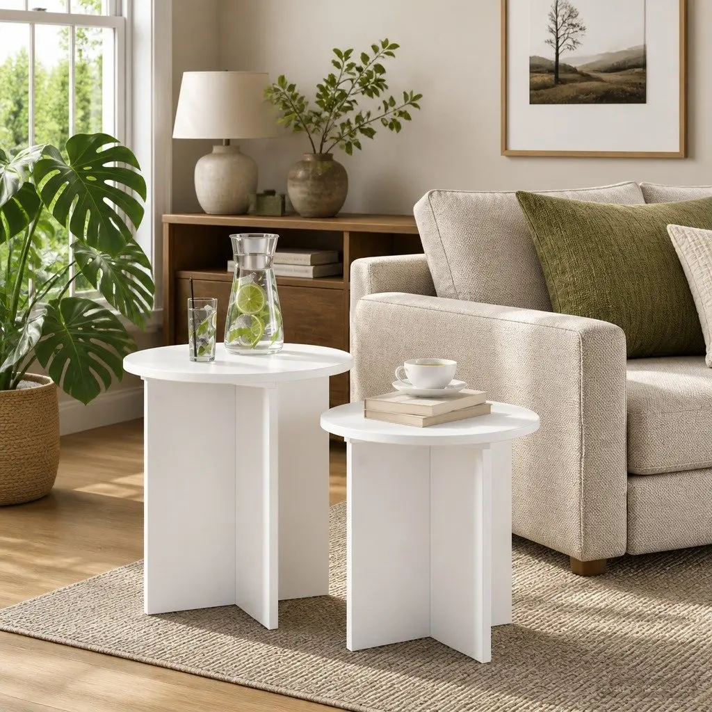 Nesting Tables Set 2 Piece Light Wood Minimalist Accent Side Tables for Living Room and Bedroom