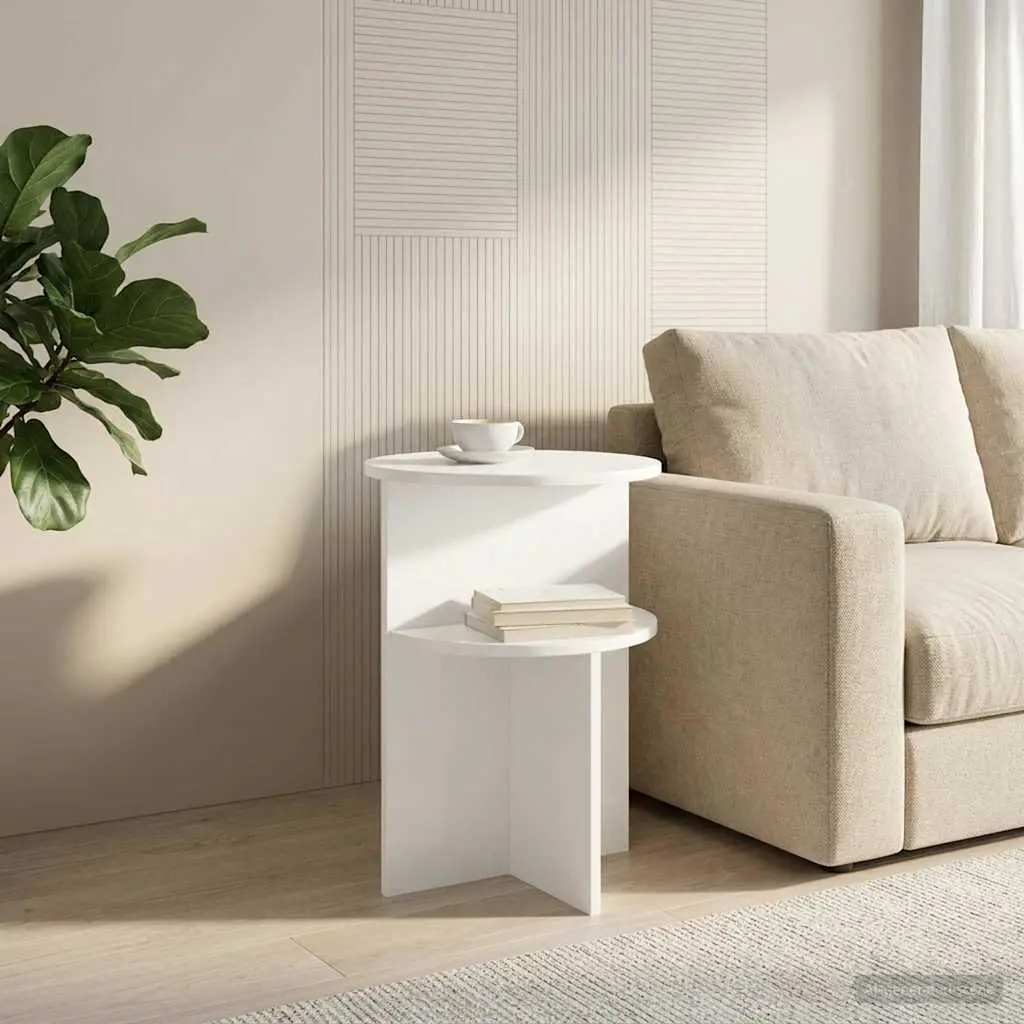 Side Table Round White Storage Modern Accent Engineered Wood End Table
