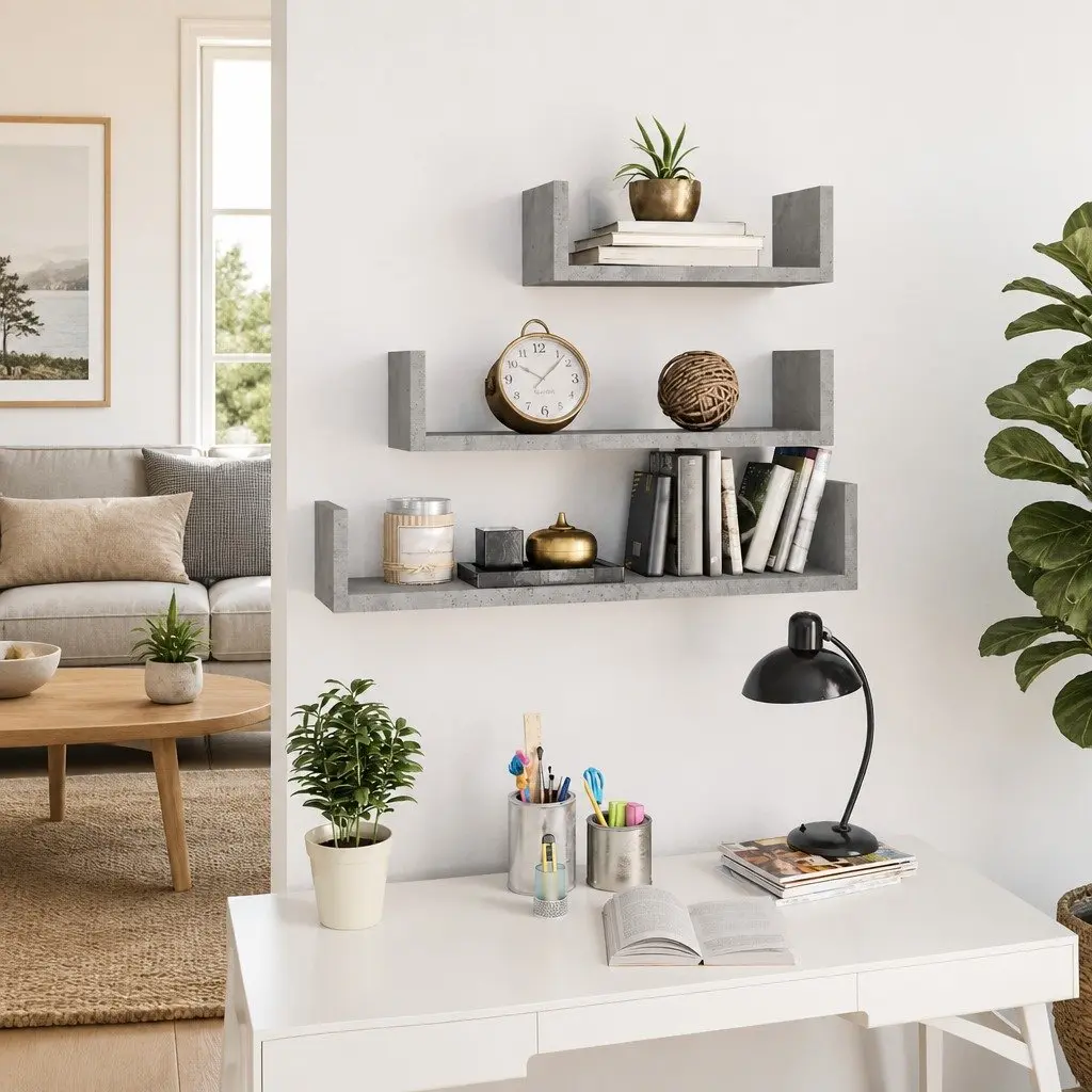 Wall Display Shelf Set U-Shaped Storage 3 Pieces Grey Engineered Wood