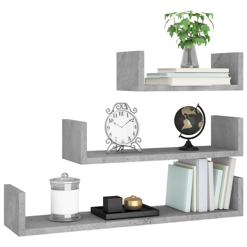 Wall Display Shelf Set U-Shaped Storage 3 Pieces Grey Engineered Wood