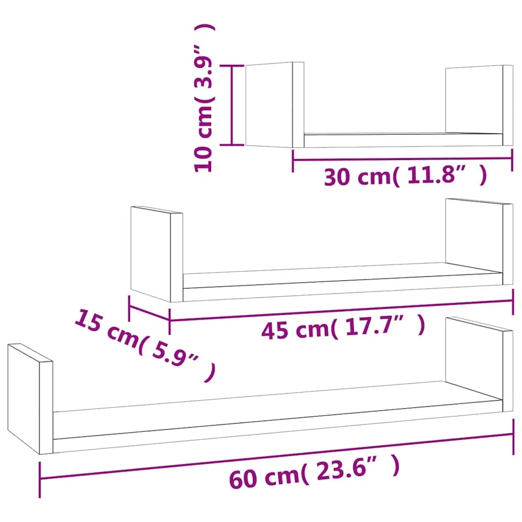 Wall Display Shelf Set U-Shaped Storage 3 Pieces Grey Engineered Wood