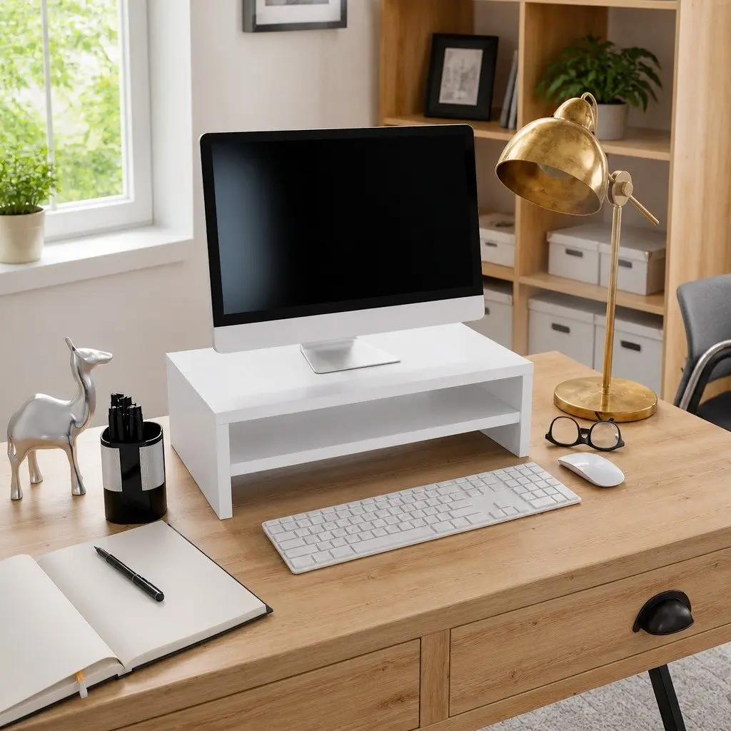 White Monitor Stand with Storage Solutions