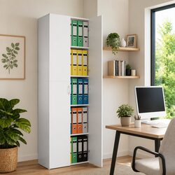Office Filing Cabinet White 60x32x190cm 5 Shelf Storage Cupboard with Doors