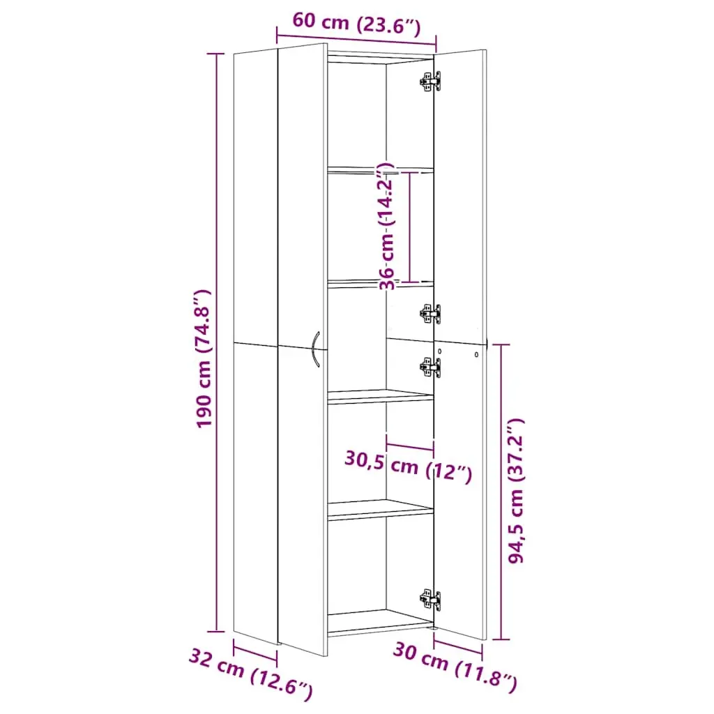 Office Cabinet Filing Storage 60x32x190cm White 5 Shelves 2 Doors