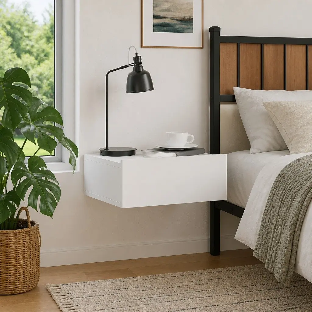 White Wall-Mounted Nightstand with Drawer