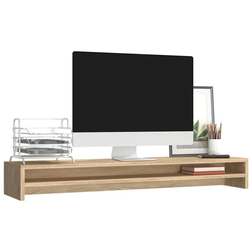 Monitor Stand Engineered Wood Brown Dual Screen Riser Desk Organizer Shelf