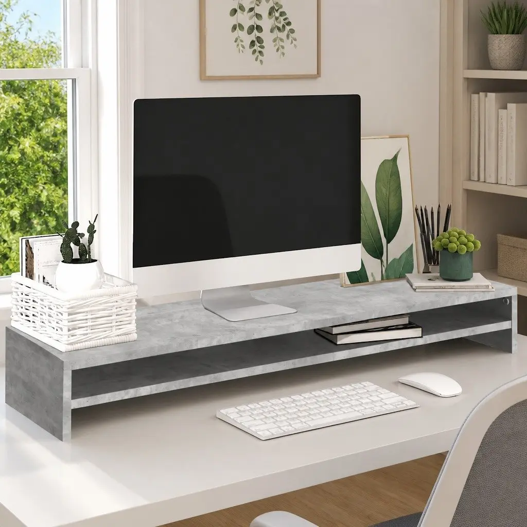 Grey Engineered Wood Monitor Stand with Integrated Shelf