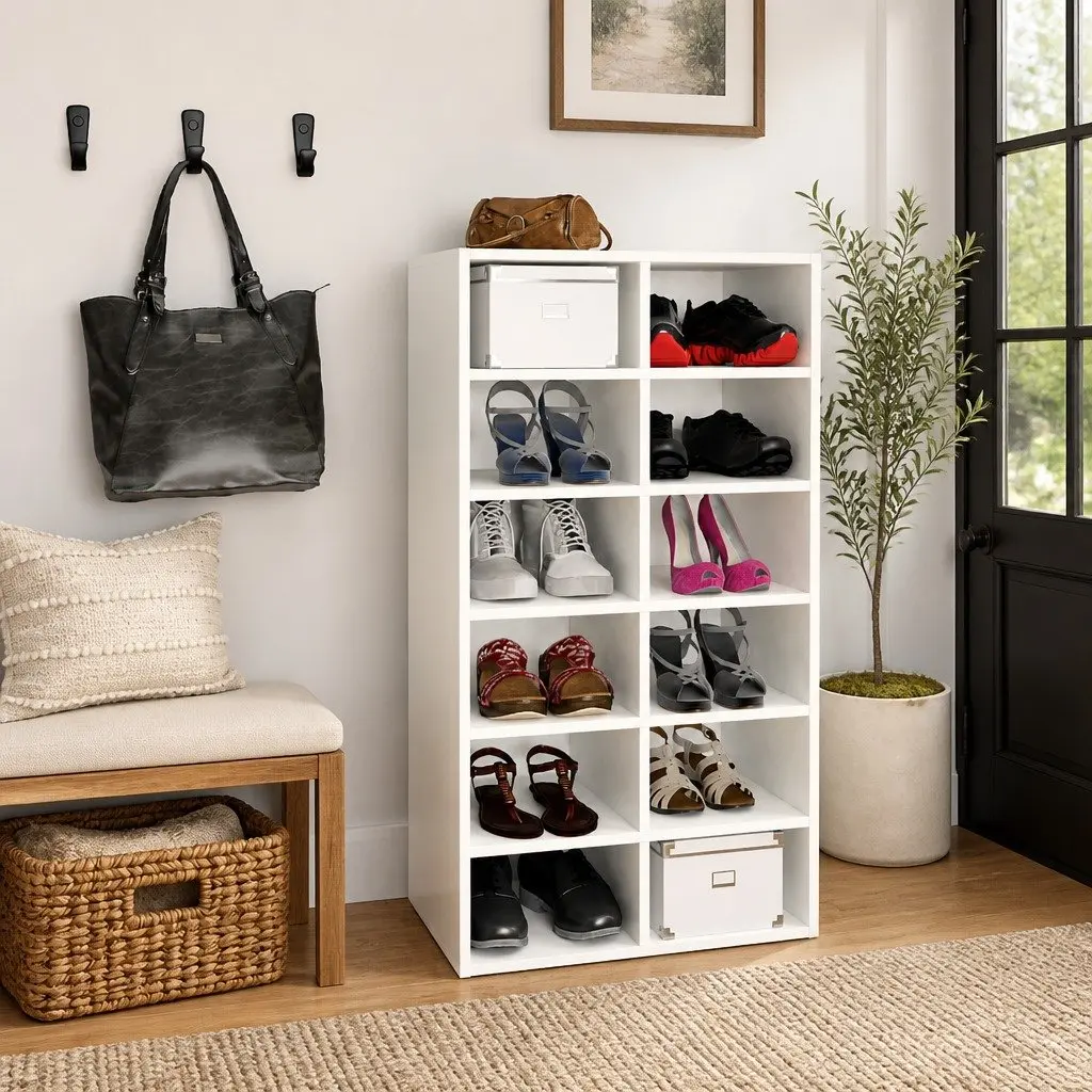 Shoe Rack Organiser Storage Unit 12 Compartment White Engineered Wood