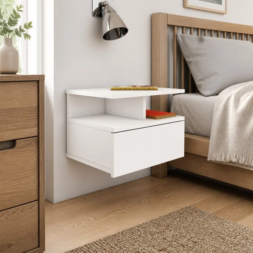 Floating Nightstand Wall-Mounted Bedside Table White Storage Cabinet 2 Piece