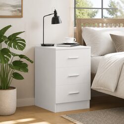 White Bedside Cabinet with 3 Drawers Engineered Wood Nightstand Storage Table