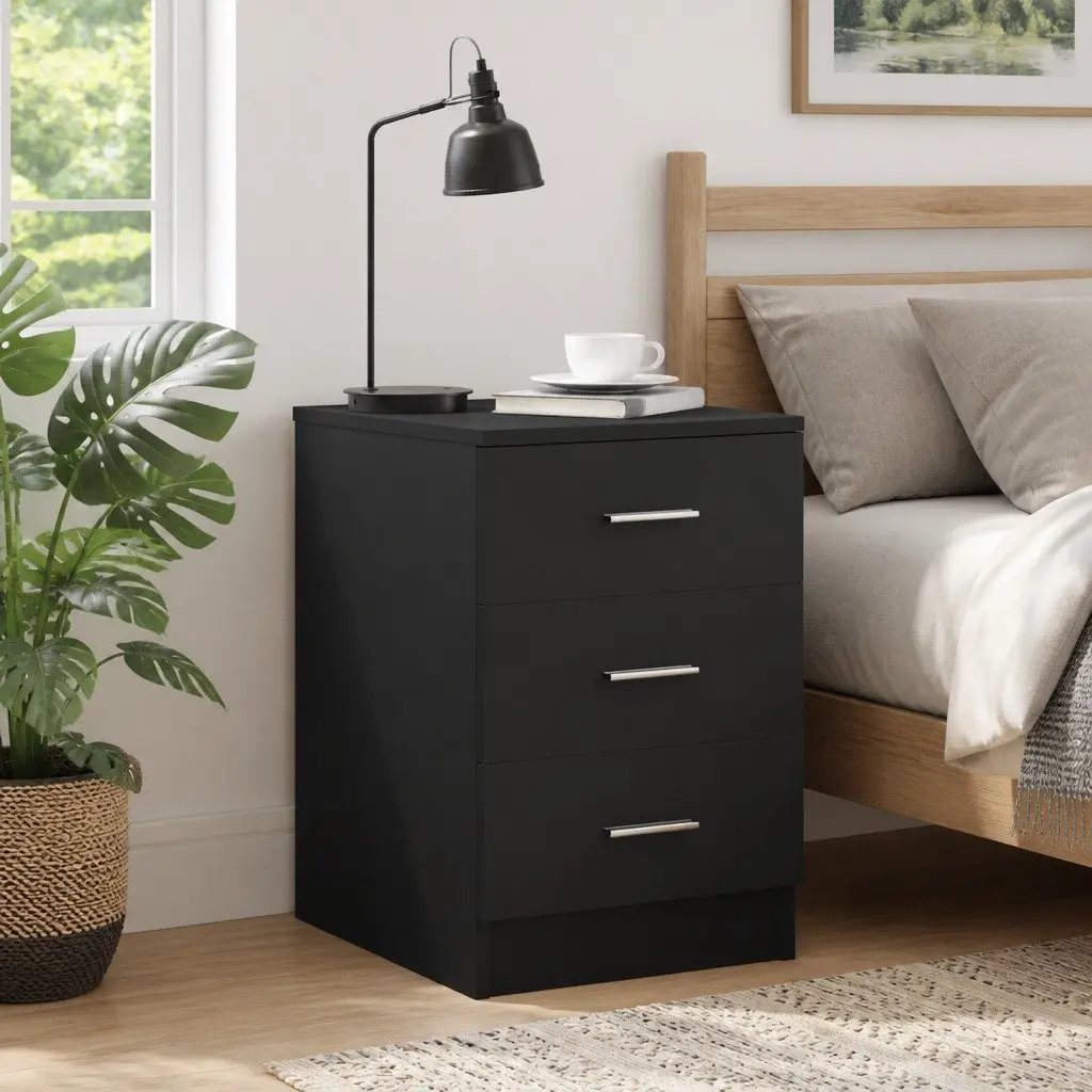 Bedside Cabinet Nightstand 3 Drawers Storage Chest Black