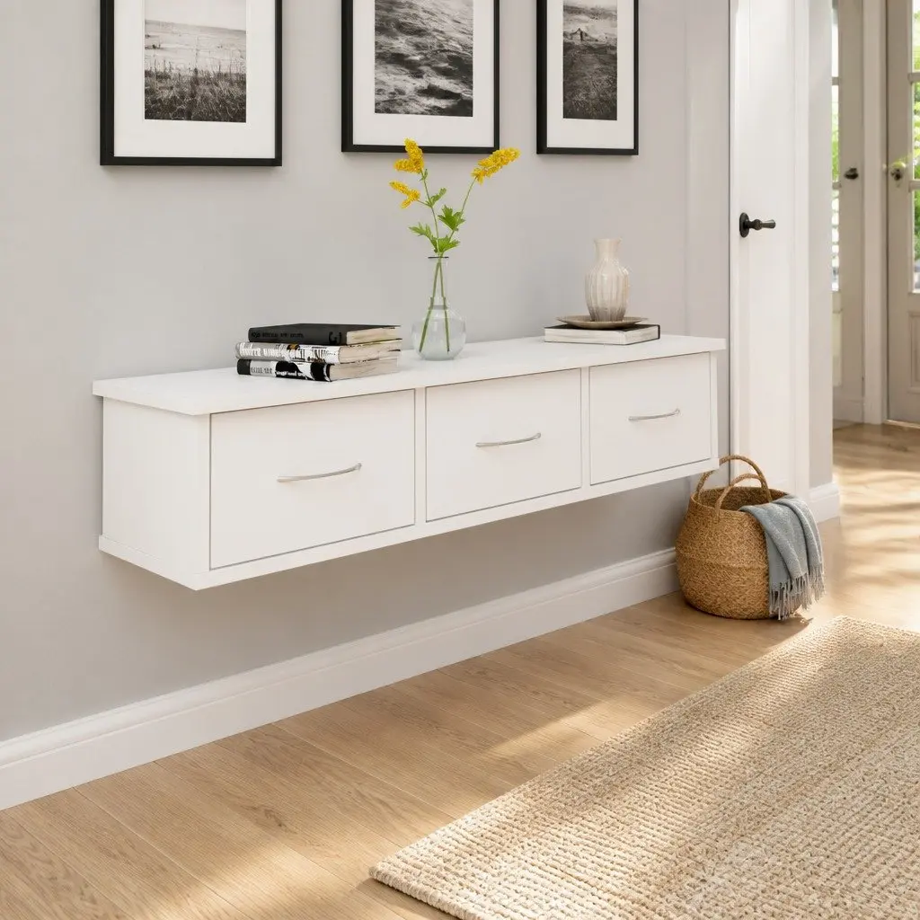 Wall-mounted Shelf White Floating Storage Cabinet 3 Drawers