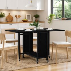 Folding Dining Table with Castors Black Kitchen Room Furniture Storage Shelf