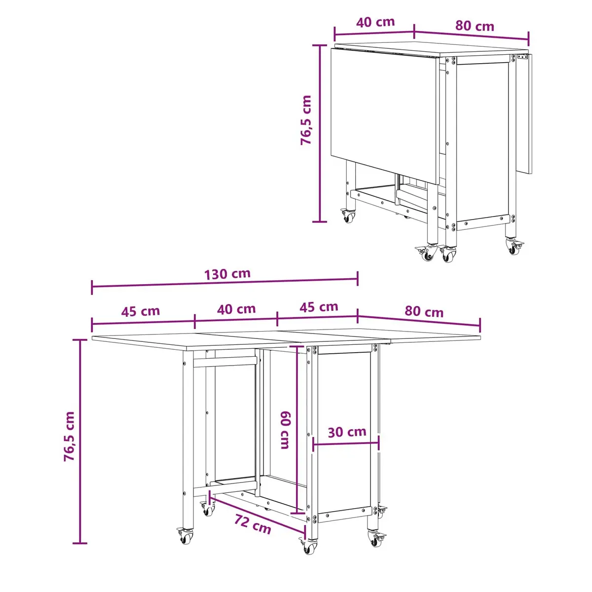 Folding Dining Table with Castors Black Kitchen Room Furniture Storage Shelf
