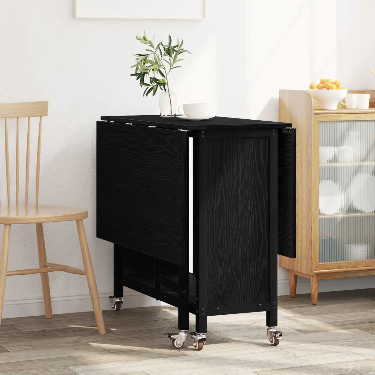 Folding Dining Table with Castors Black Kitchen Room Furniture Storage Shelf