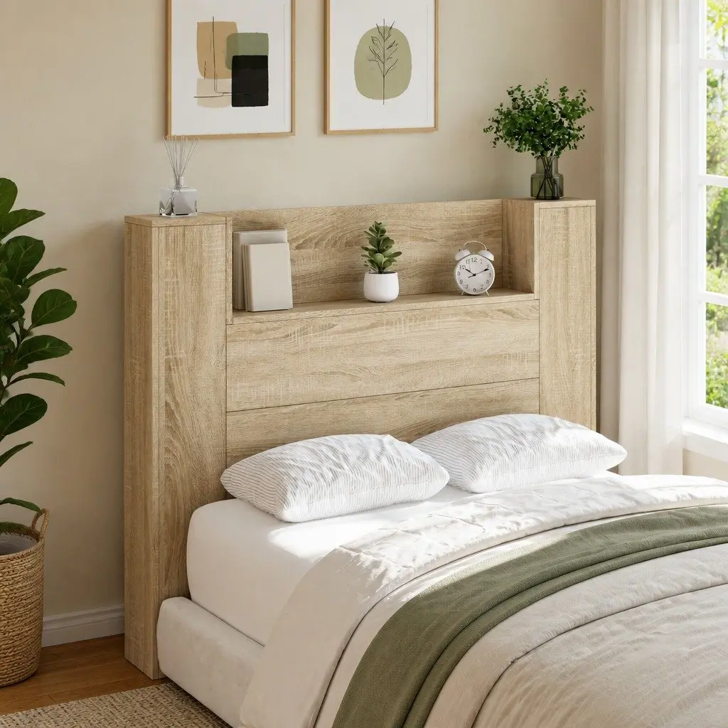 Headboard Cabinet Storage Wall-Mounted 120cm Tan Modern with LED Lights
