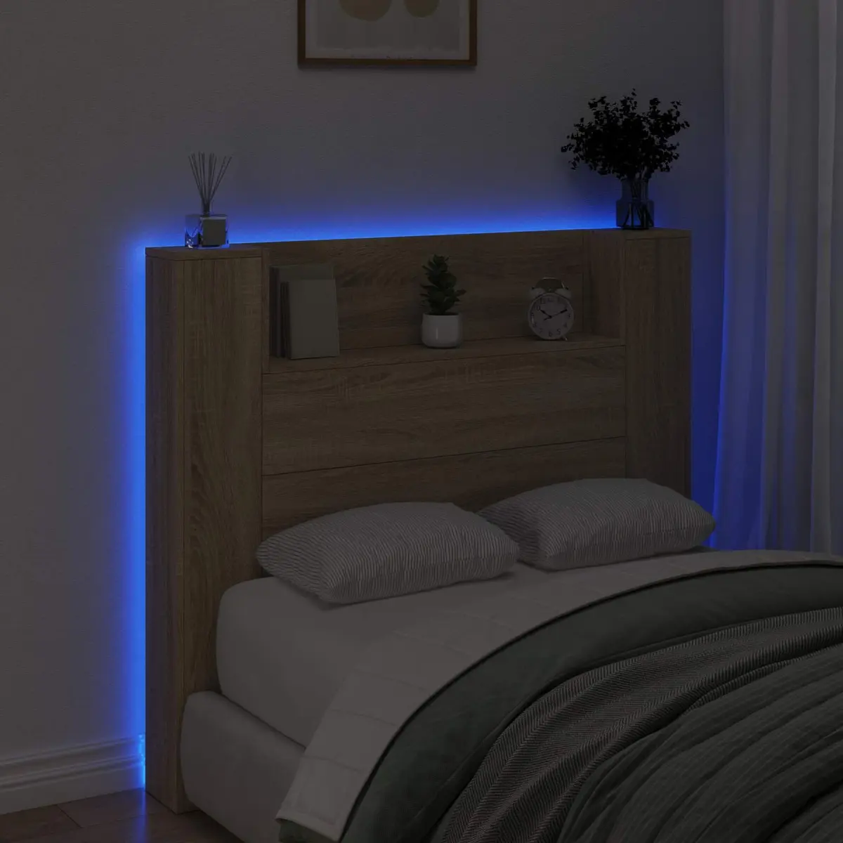 Headboard Cabinet Storage Wall-Mounted 120cm Tan Modern with LED Lights