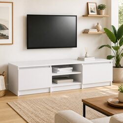 Reliable White TV Cabinet with Doors and Open Storage