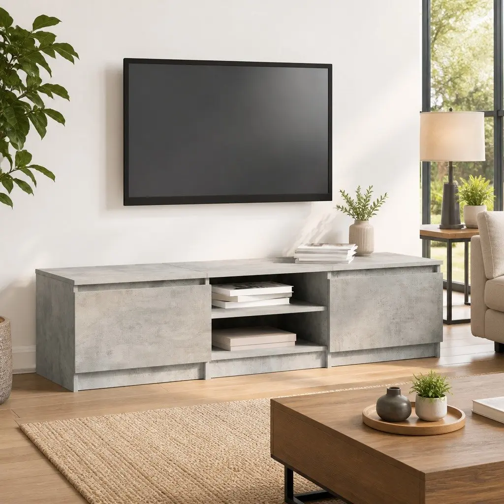 TV Cabinet Storage Unit 140x40x35.5 cm Grey 2 Doors Open Compartments