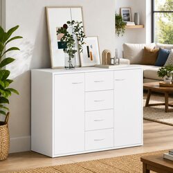 White Sideboard Storage Cabinet 4 Drawers 2 Doors Engineered Wood Living Room