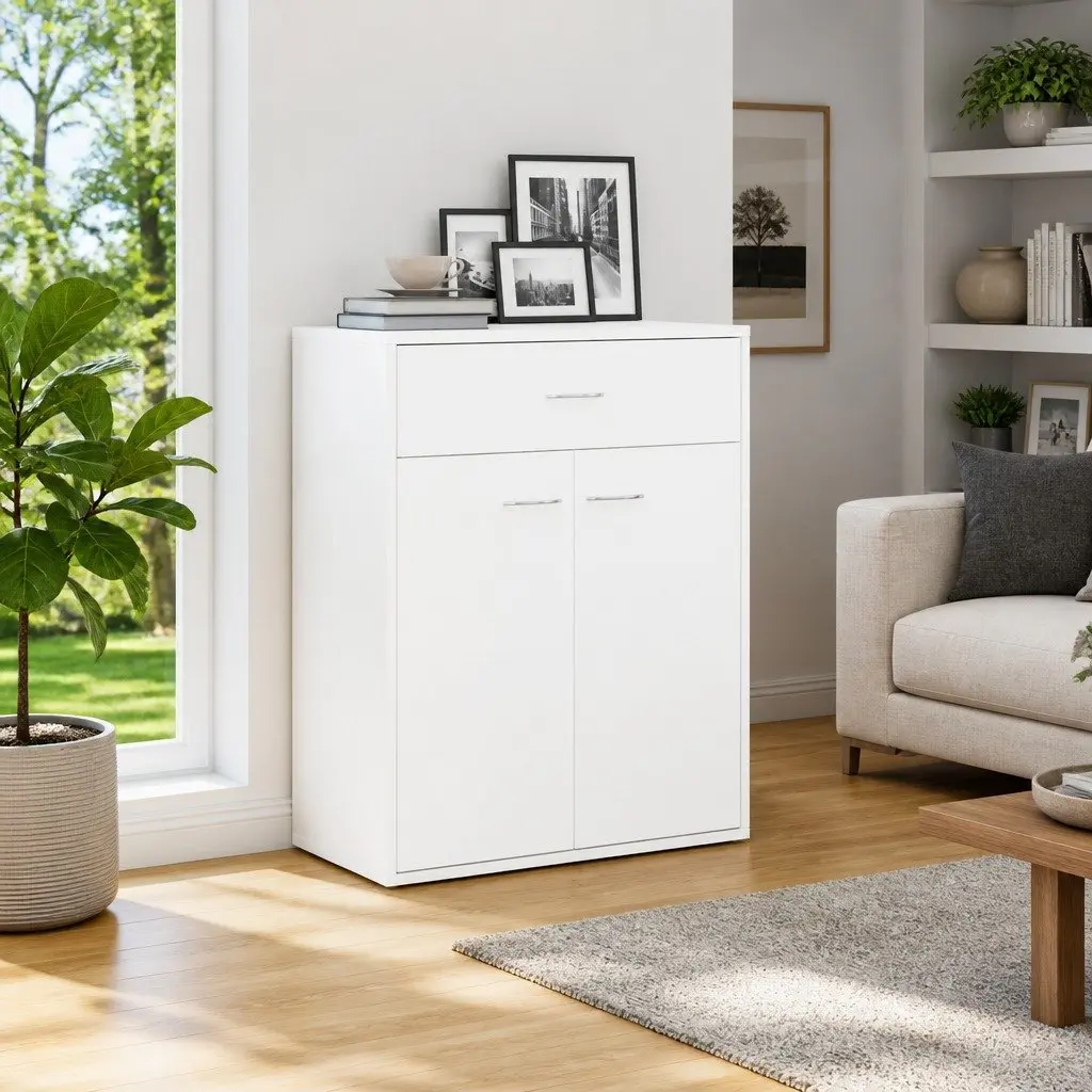 Sideboard Storage Cabinet 2 Doors 1 Drawer Living Room Furniture 60W x 30D x 75H cm White