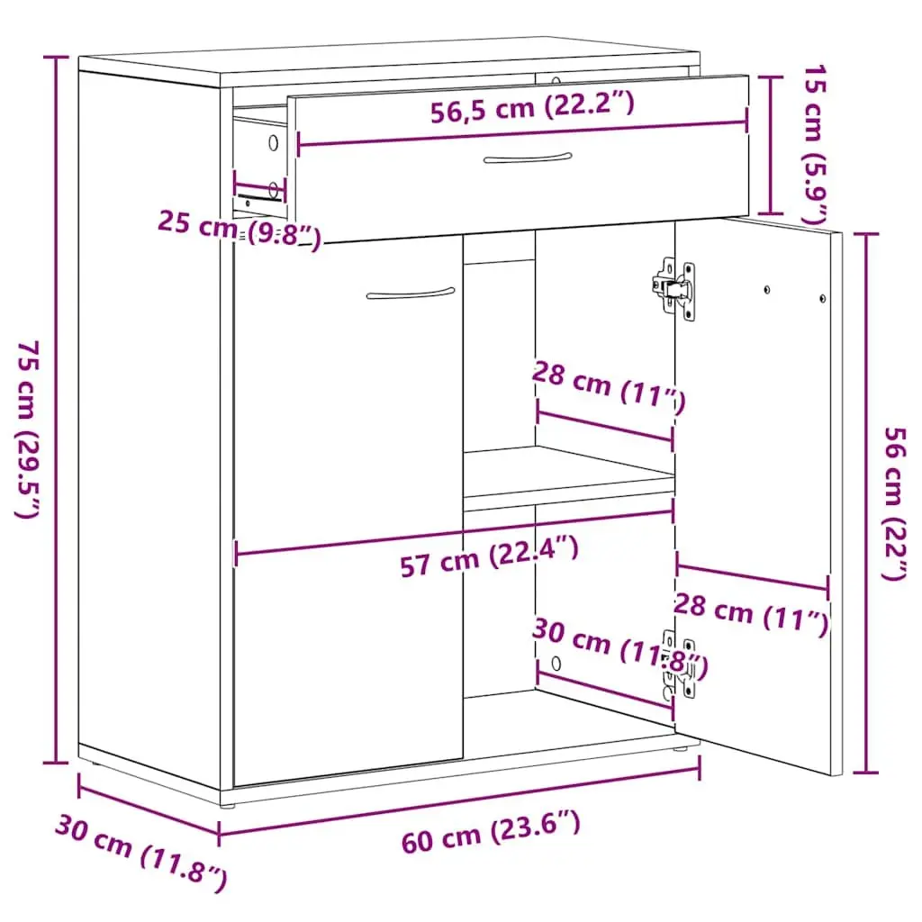 Sideboard Storage Cabinet 2 Doors 1 Drawer Living Room Furniture 60W x 30D x 75H cm White