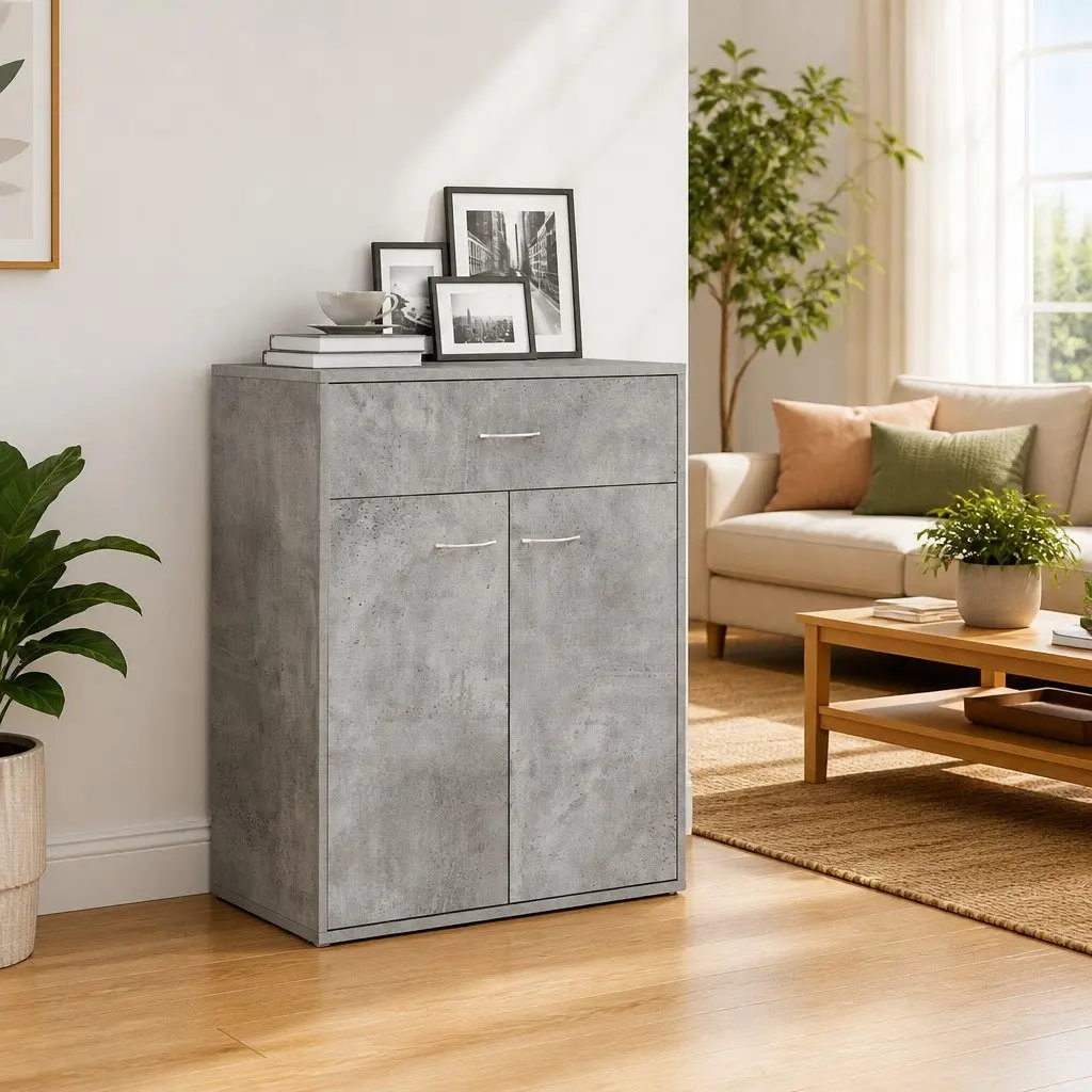 Minimalist Storage Cabinet Grey 60x30x75cm with 2 Doors and Drawer
