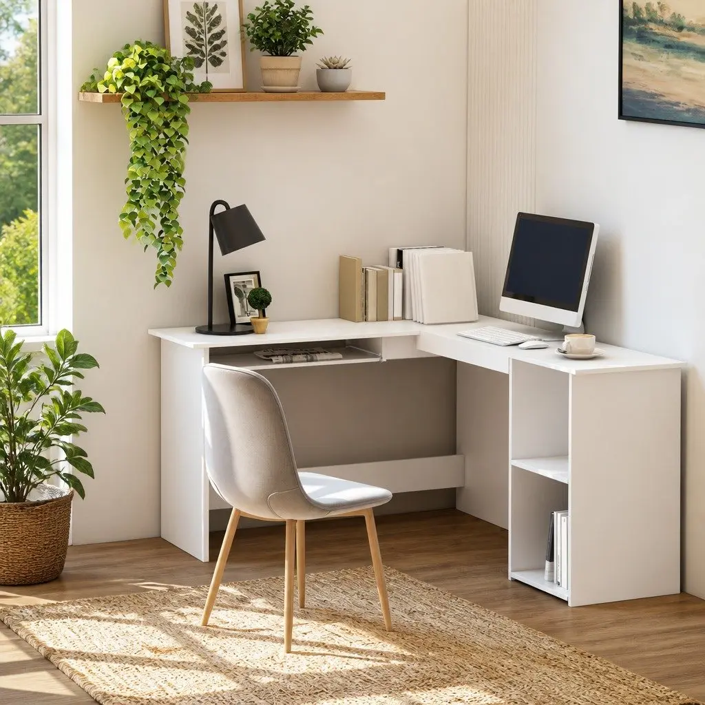 L-Shaped Corner Desk White Modern Office Workstation with Keyboard Tray and