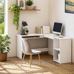 L-Shaped Corner Desk White Modern Office Workstation with Keyboard Tray and