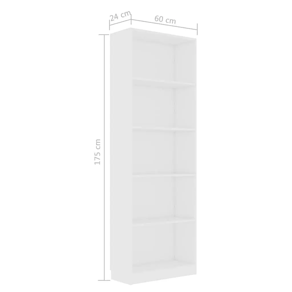 5-Tier Book Cabinet Storage Display Shelf White Engineered Wood 60W x 24D x 175H cm