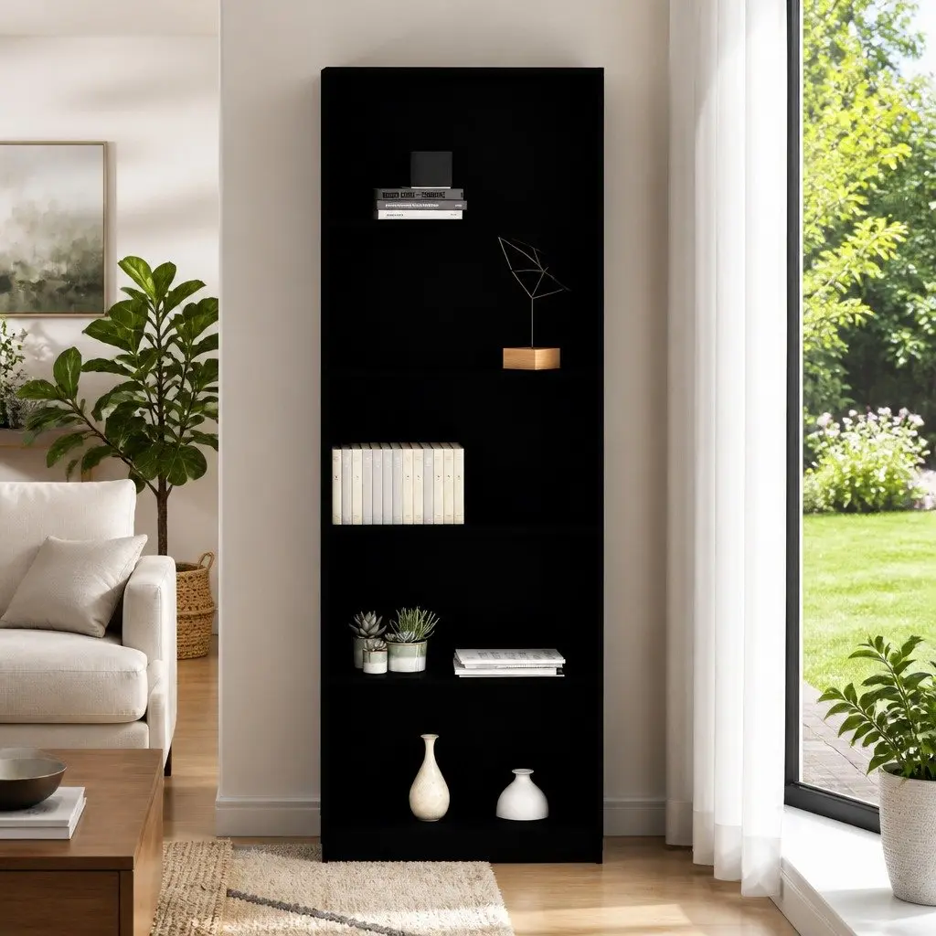 5-Tier Book Cabinet Black Engineered Wood Tall Shelving Unit Storage Display