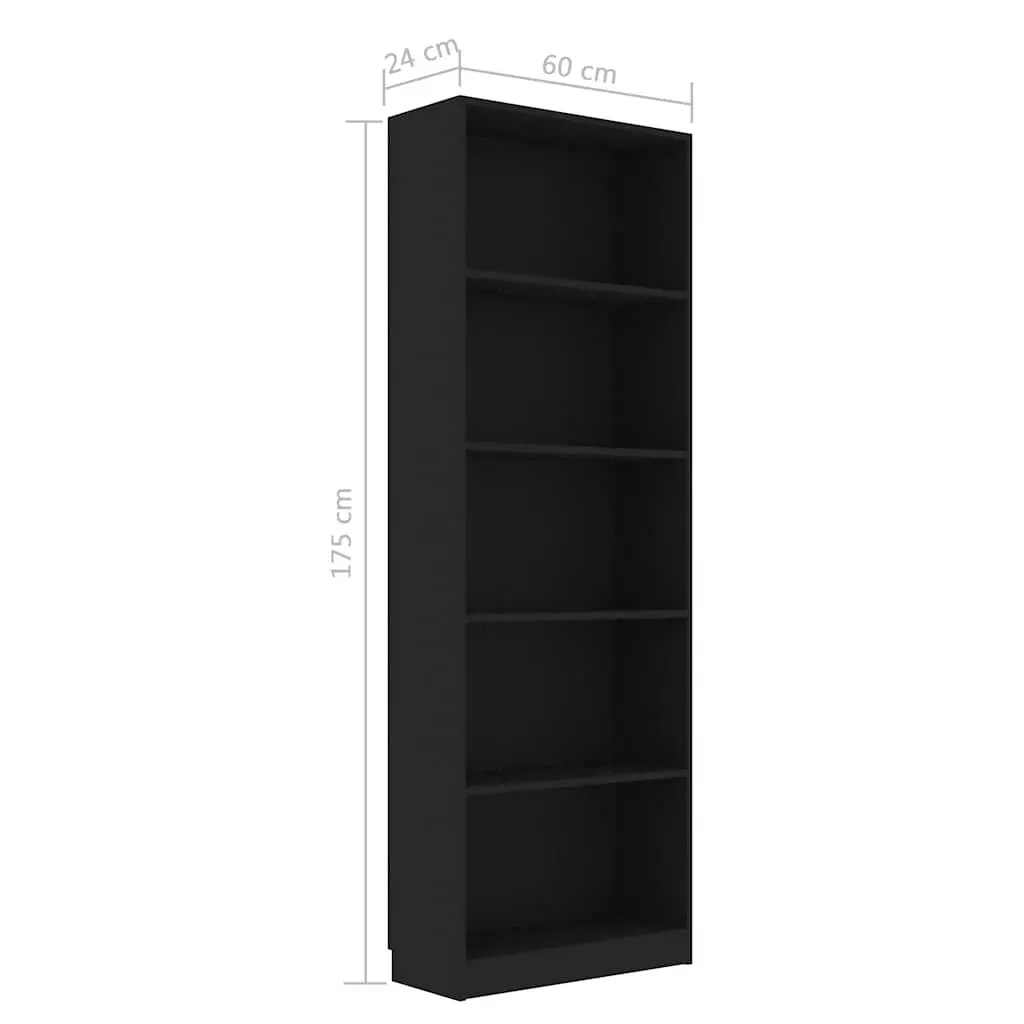 5-Tier Book Cabinet Black Engineered Wood Tall Shelving Unit Storage Display