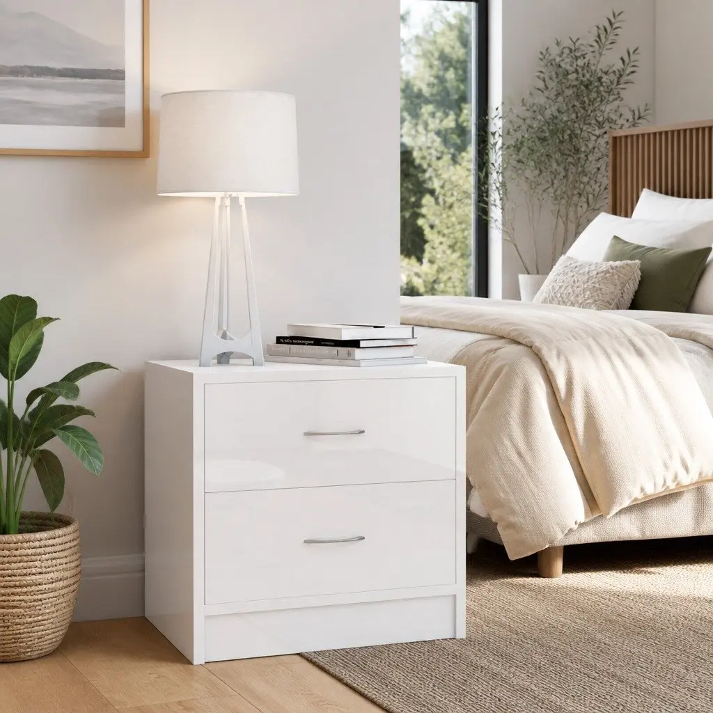 Bedside Cabinet Nightstand Storage Chest 2 Drawer High Gloss White 40cm