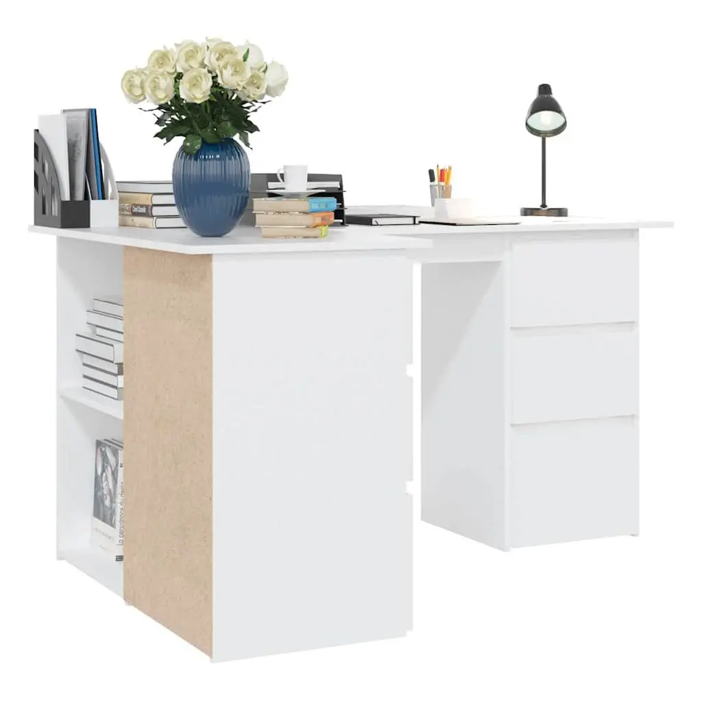 Corner Desk White Office Workstation Study Table Engineered Wood 145cm x 100cm x 76cm