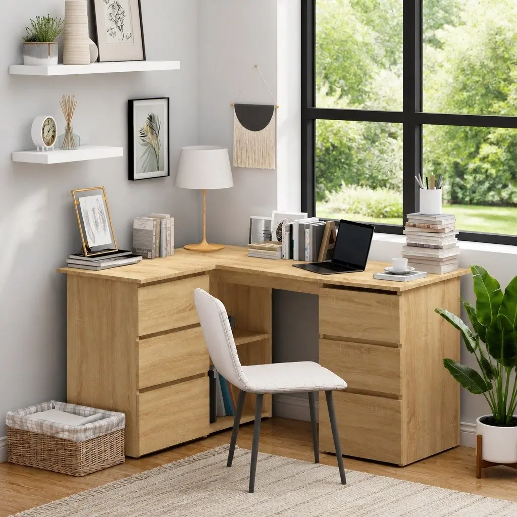 Corner Desk Brown Engineered Wood Office Workstation 145 x 100 x 76 cm with Storage Shelves and Drawers