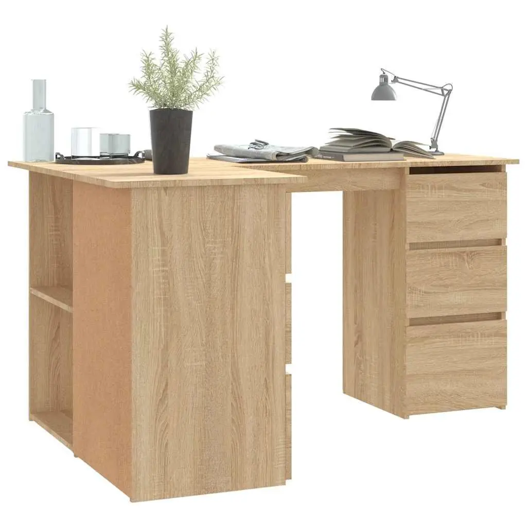 Corner Desk Brown Engineered Wood Office Workstation 145 x 100 x 76 cm with Storage Shelves and Drawers