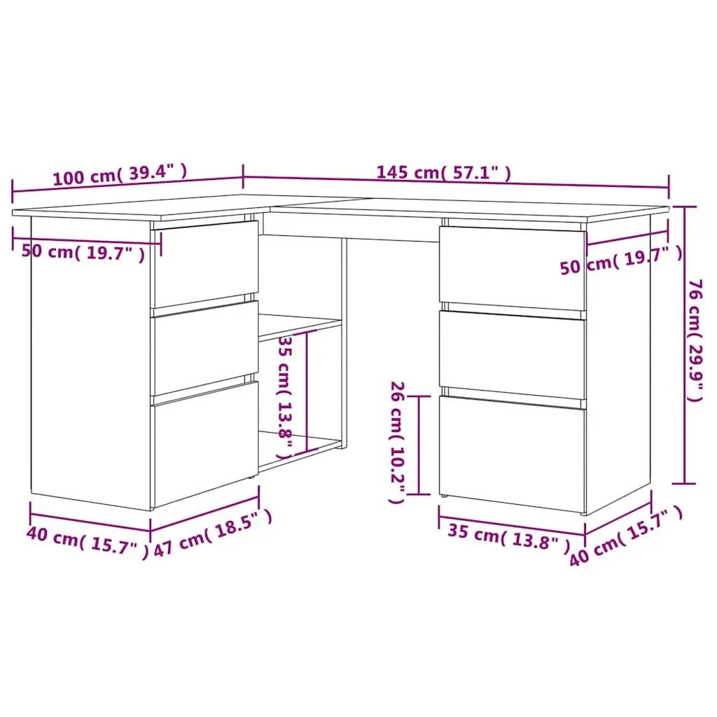 Corner Desk Brown Engineered Wood Office Workstation 145 x 100 x 76 cm with Storage Shelves and Drawers
