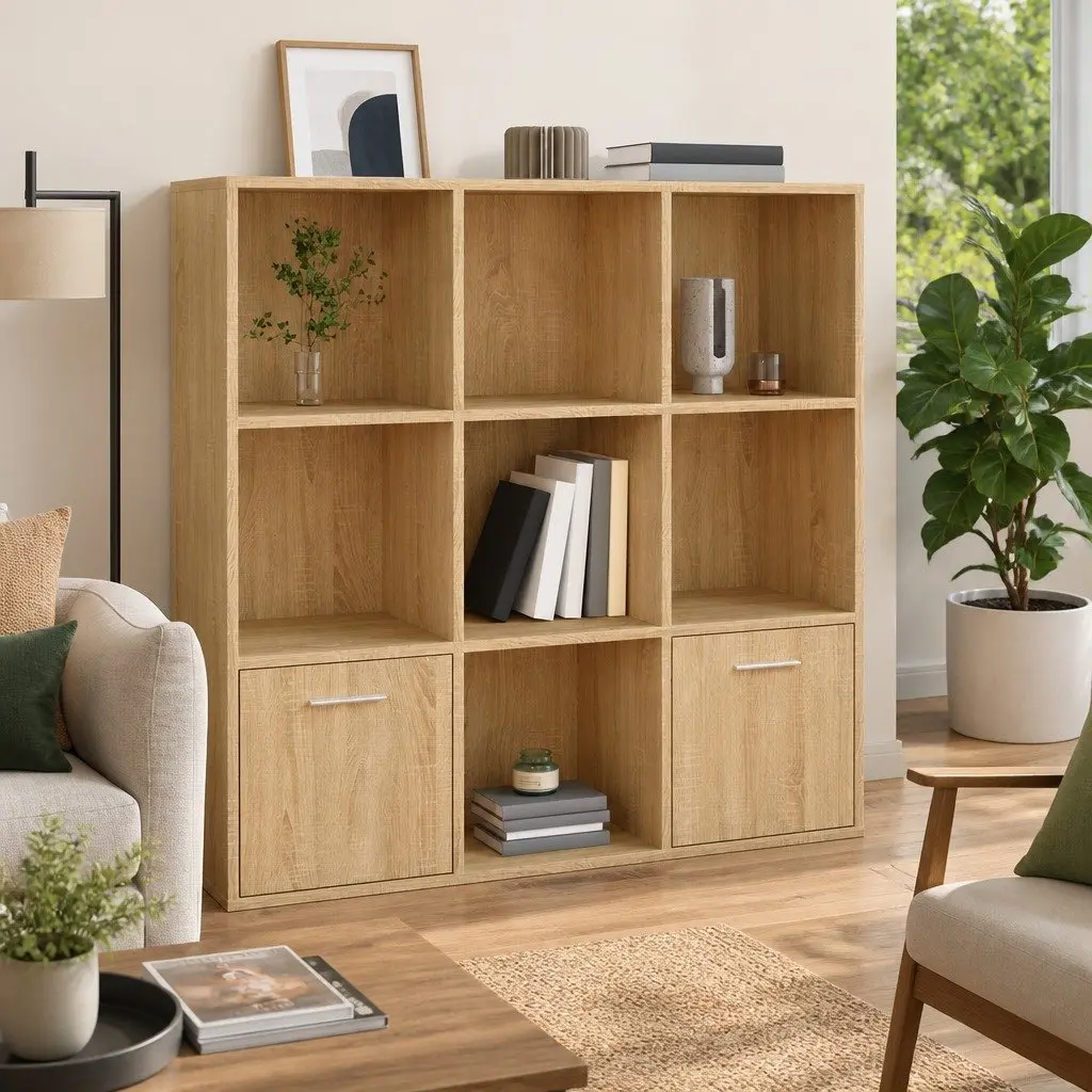 Book Cabinet Storage Shelving Unit 7 Cubes 2 Doors Brown Engineered Wood