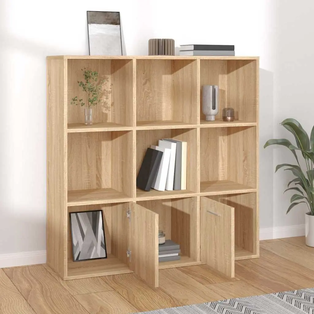 Book Cabinet Storage Shelving Unit 7 Cubes 2 Doors Brown Engineered Wood