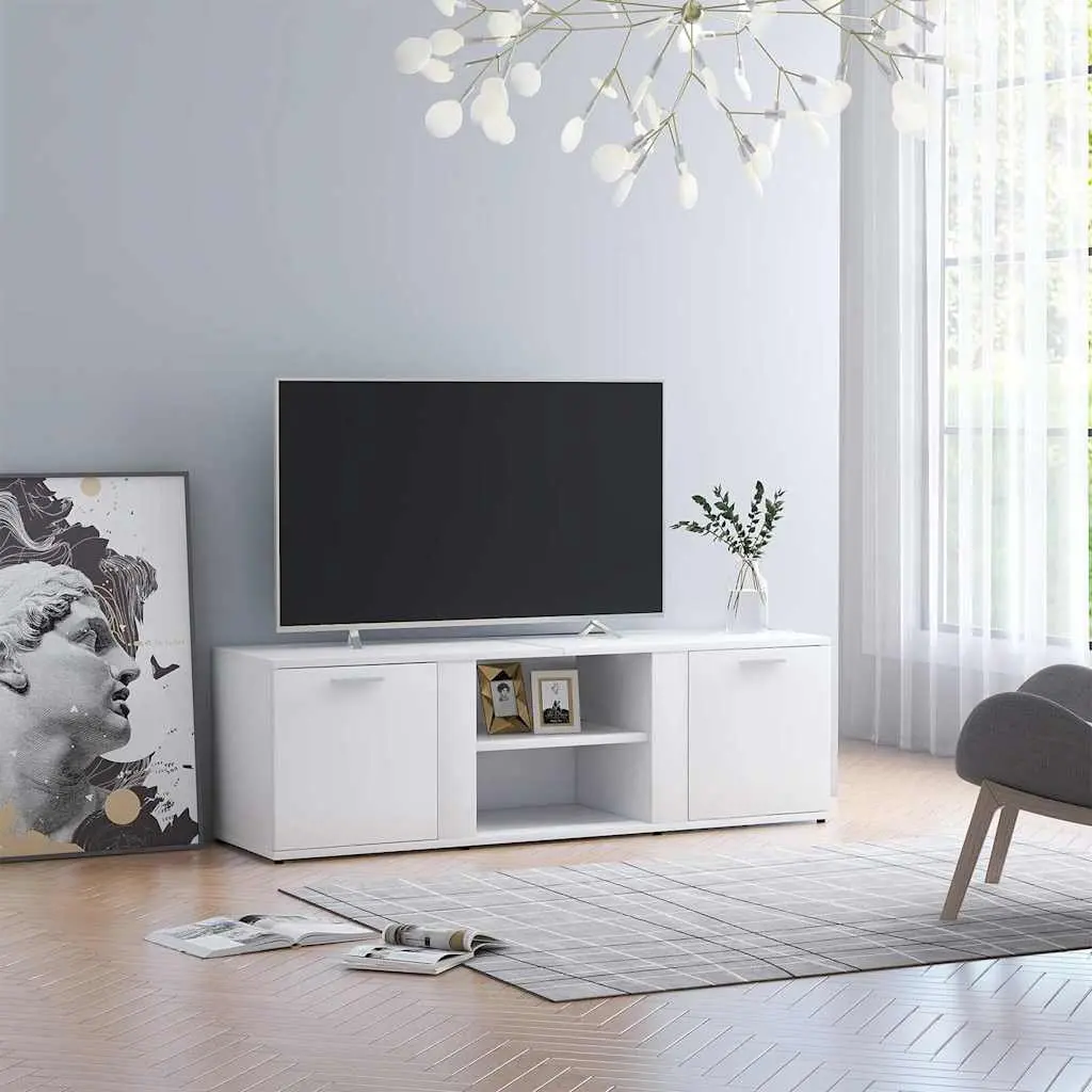 TV Cabinet Storage Unit White 120x34x37 cm with 2 Doors and 2 Open Compartments