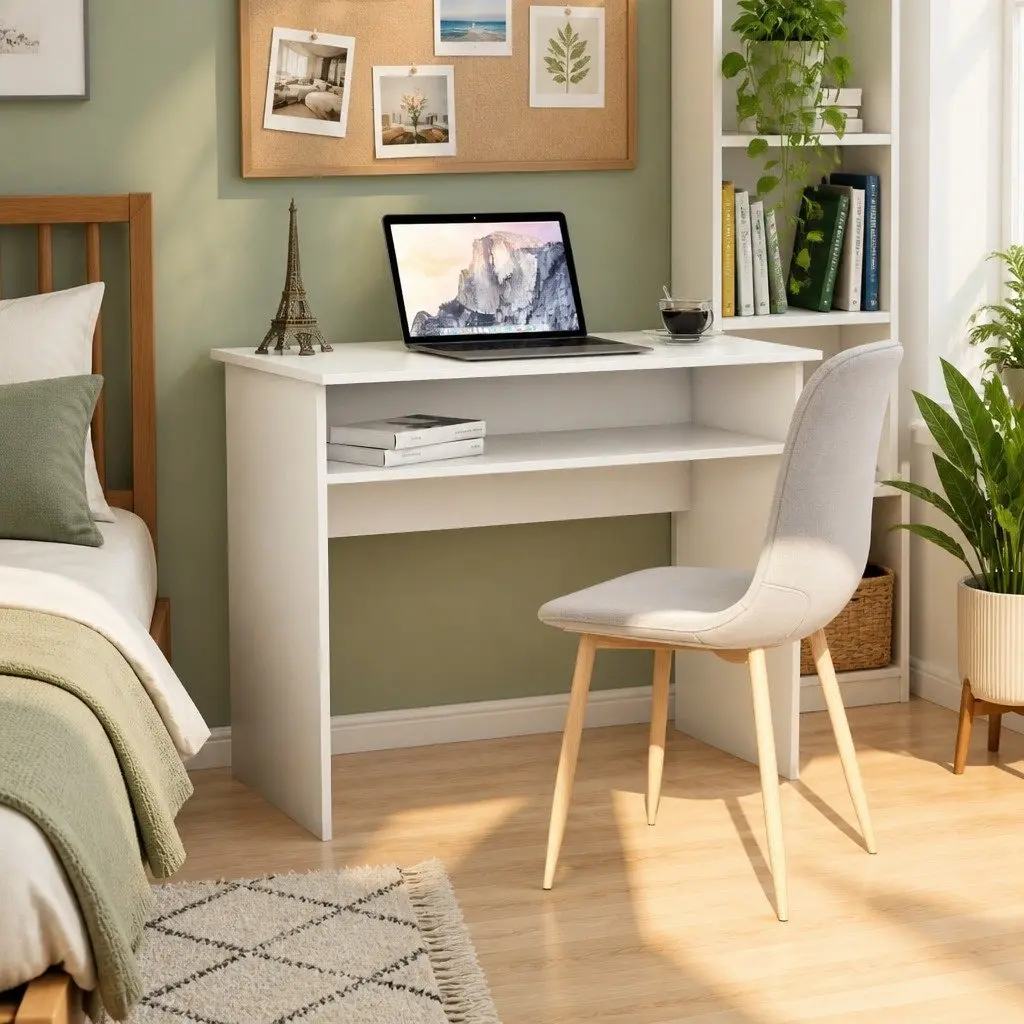 White Desk Compact Computer Workstation 90cm with Storage Shelf