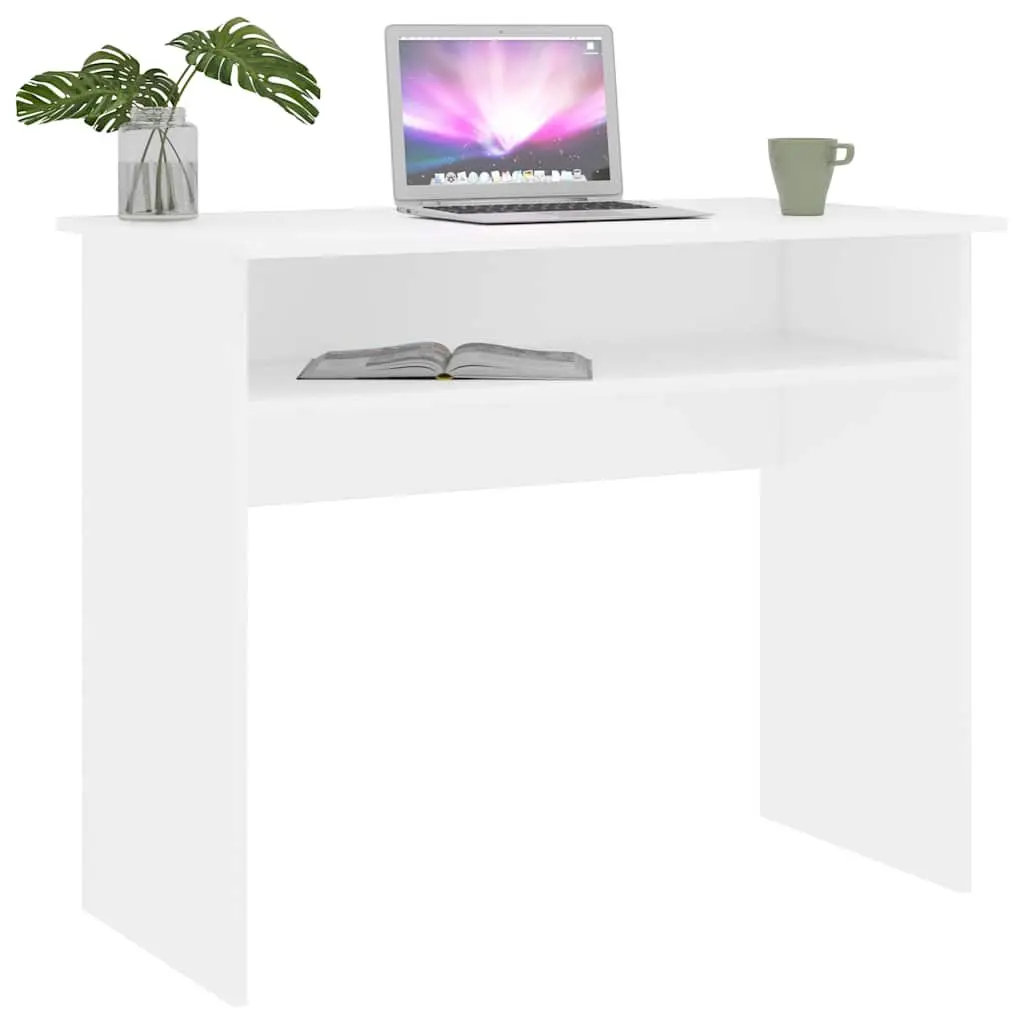 White Desk Compact Computer Workstation 90cm with Storage Shelf