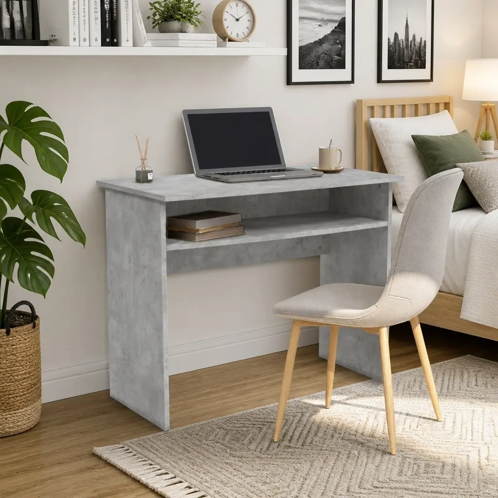 Computer Desk 90cm Grey Engineered Wood Storage Shelf Office Study Workstation