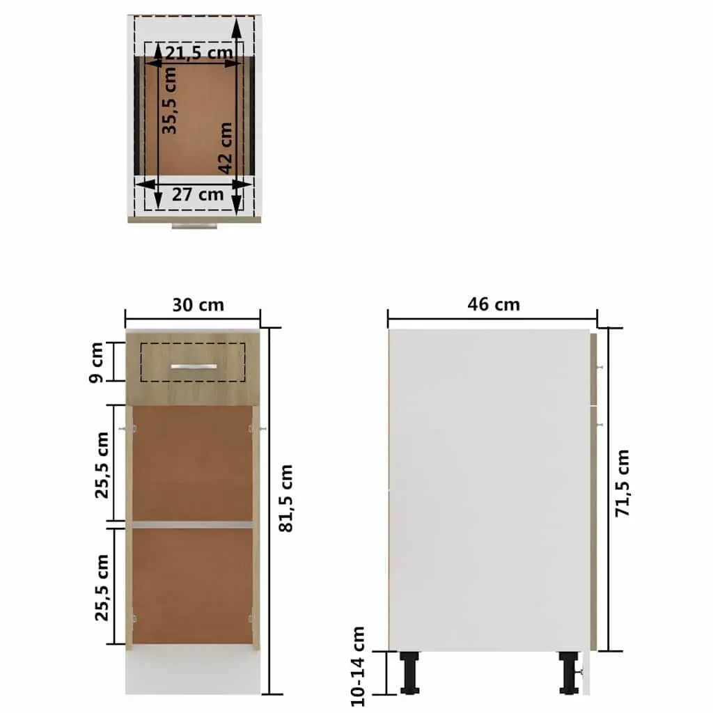 Drawer Bottom Cabinet Kitchen Storage Cupboard 30W x 46D x 81.5H cm Brown Engineered Wood