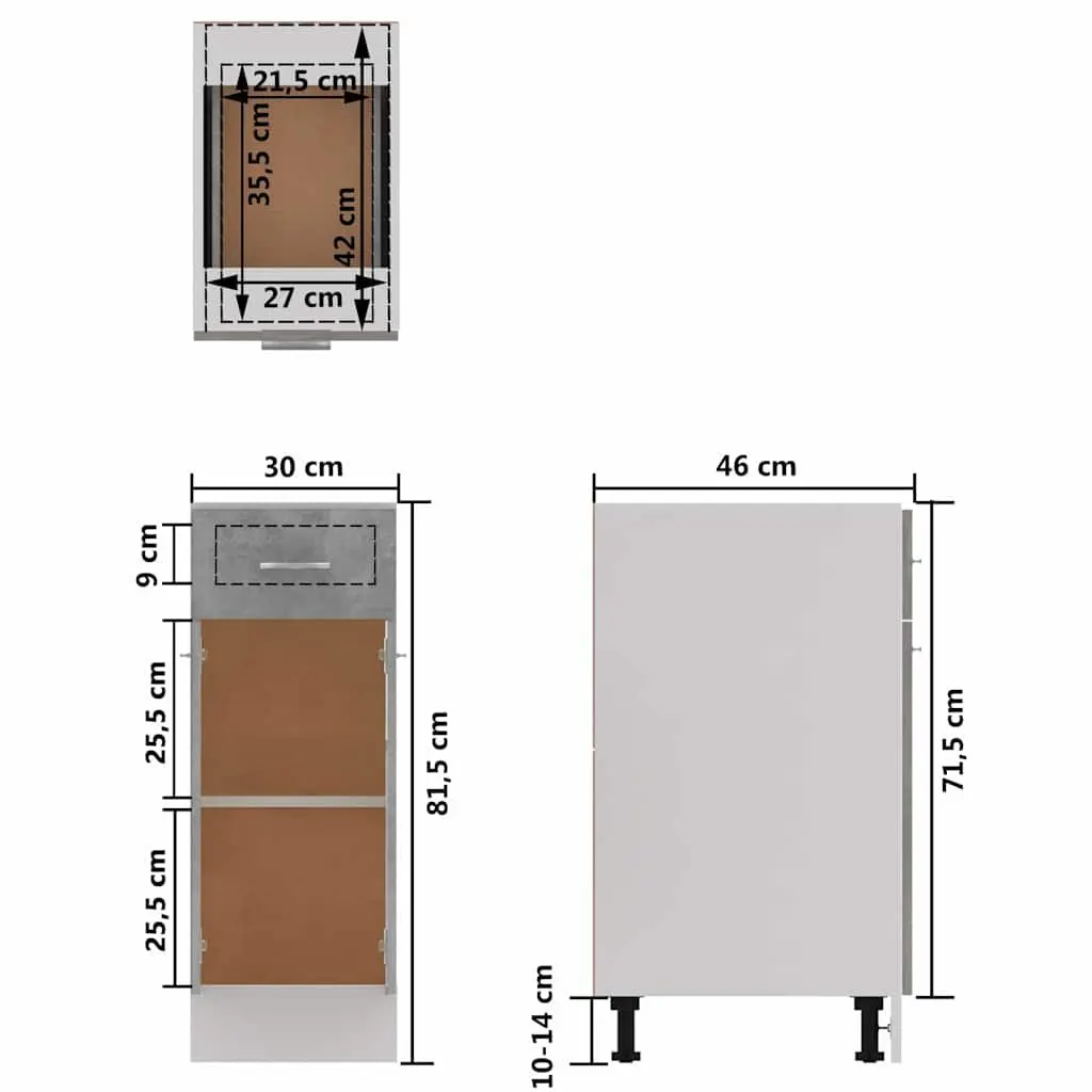 Cabinet Storage Cupboard Drawer Grey 30W x 46D x 81.5H cm
