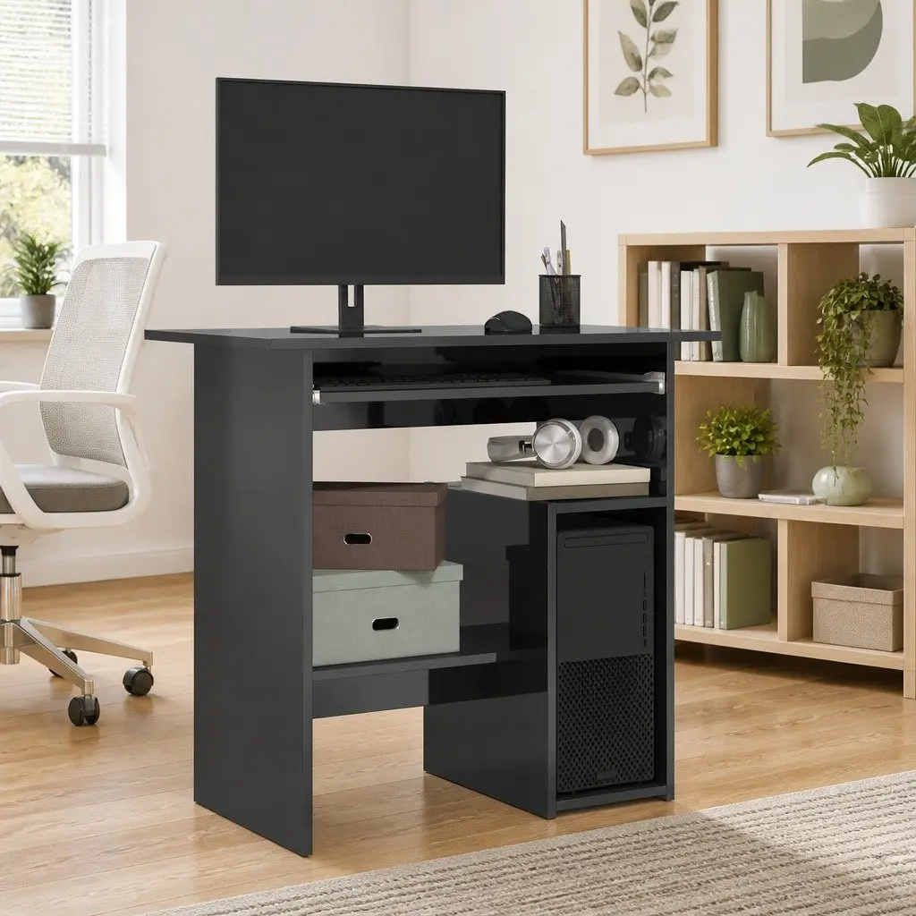 Grey Office Desk with Open Shelf and Tray