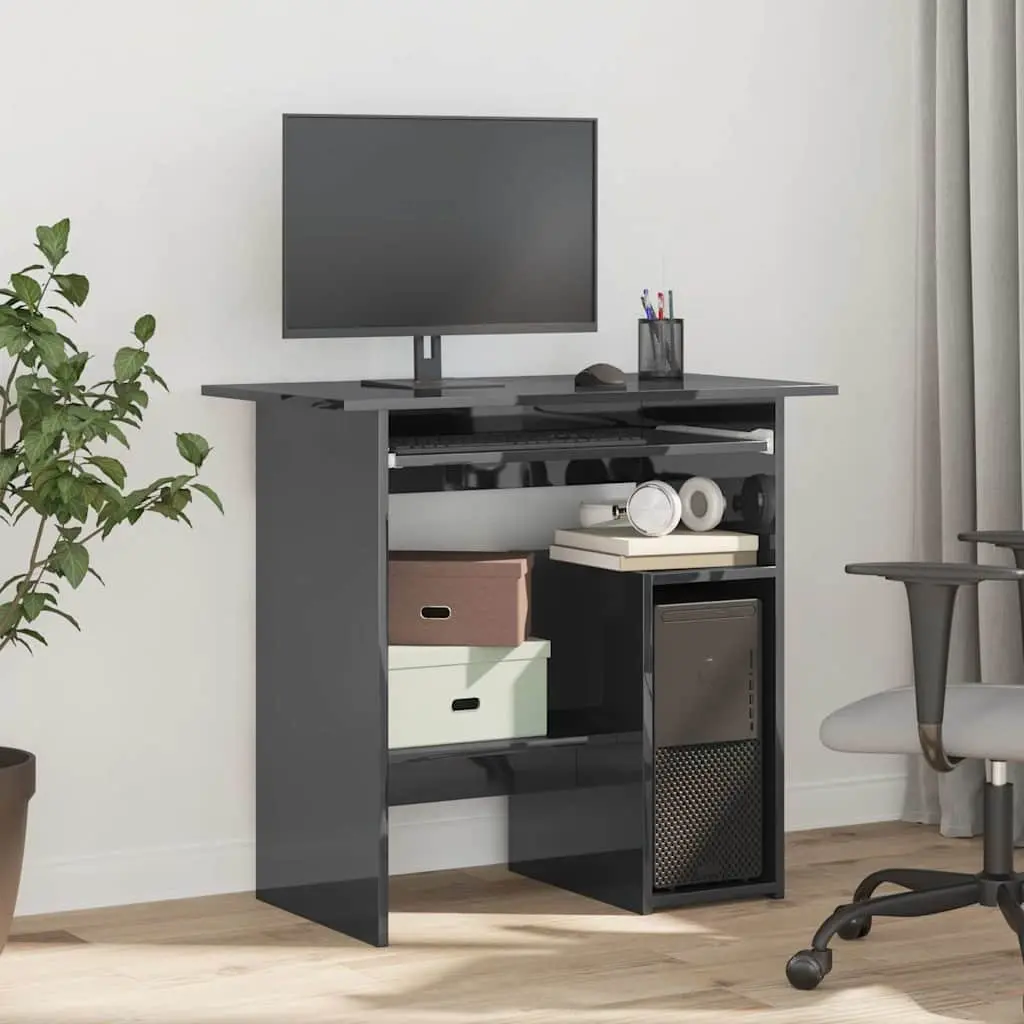 Grey Office Desk with Open Shelf and Tray